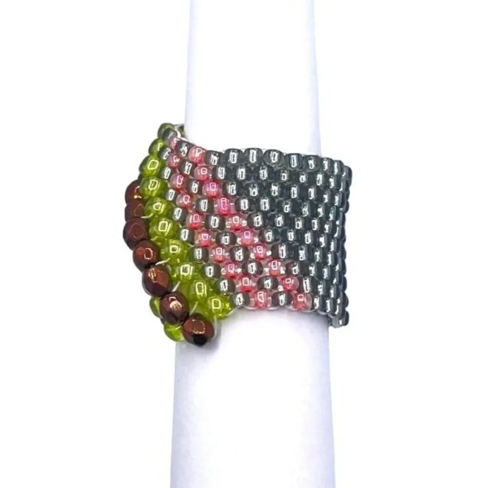 Silver with Yellow and Bronze Crystal Cellini Spiral Statement Ring Size 6